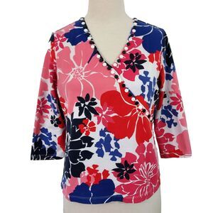 Ruby Rd T Shirt Top Stretch Floral Womens Size PL V Neck 3/4 Sleeves Comfy
